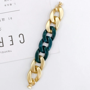 Detail of chunky gold matte metal and dark green resin acrylic chain links with round clasp