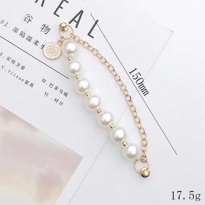 White pearl phone strap with gold chain and camellia flower pendant 150mm length