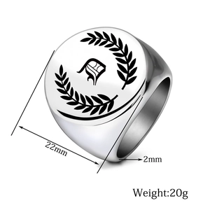 Detailed view of 22mm round stainless steel signet ring showing weight and thickness