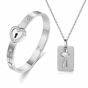 Couples heart lock bracelet and key necklace set in polished silver stainless steel