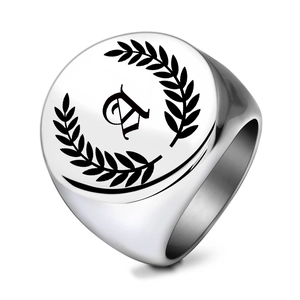 Mens vintage stainless steel signet ring with gothic letter A and laurel leaf pattern