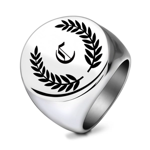 Silver stainless steel signet ring with gothic letter E and laurel wreath design