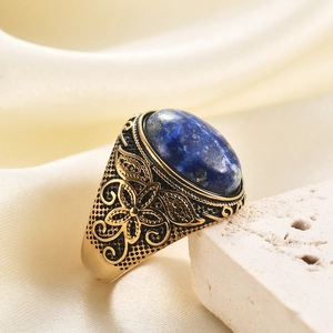 Bague rétro 22mm en acier avec lapis-lazuli ovale et détails floraux gravés