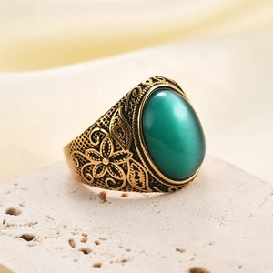 Bague vintage 22mm en acier inoxydable avec pierre œil de chat verte et gravure