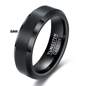 Detail of 6mm black tungsten carbide ring with brushed finish and polished beveled edges