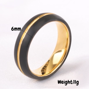 Detail view of 6mm black matte stainless steel ring with gold groove and inner surface