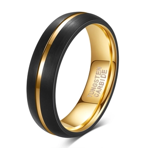 6mm two-tone tungsten carbide ring with black brushed finish and gold center line