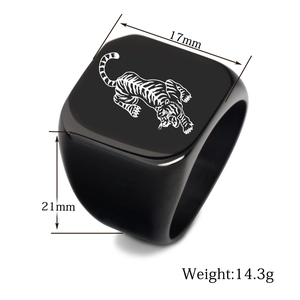 Detail view of 17mm black square tiger ring showing size parameters and dimensions