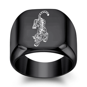 Men's punk matte black stainless steel signet ring with engraved tiger pattern