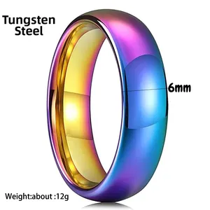 Detail view of a 6mm rainbow tungsten steel ring with a smooth polished finish