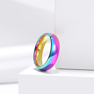 Detailed macro shot of a rainbow plated tungsten carbide ring with interior engraving