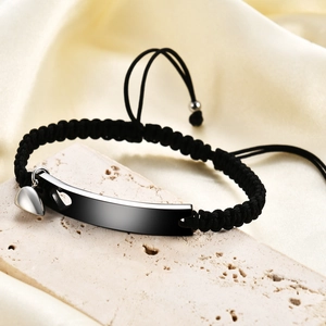 Minimalist black braided couple bracelet with heart pendant and magnetic bar ornament