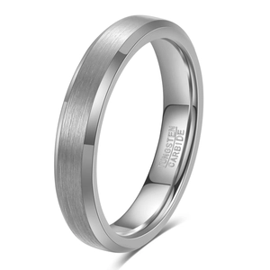 Polished tungsten carbide ring featuring a brushed center and sleek 45-degree angle view