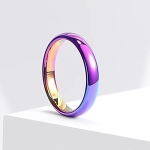Macro shot of rainbow iridescent stainless steel inner band with carbide engraving