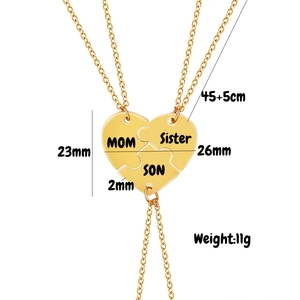 Detailed view of gold plated heart puzzle necklaces with MOM Sister SON engraving
