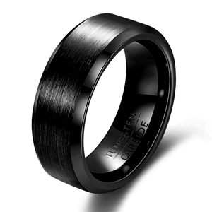 Classic 8mm black tungsten carbide ring with brushed surface and polished beveled edges