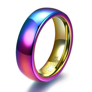 Polished rainbow gradient tungsten carbide ring with a smooth golden interior band