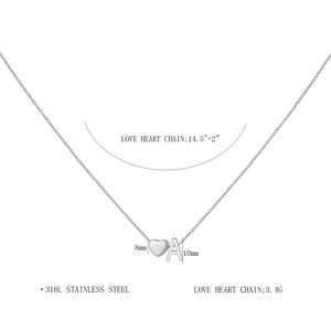 Detail view of 316L stainless steel heart and letter A pendant necklace with dimensions