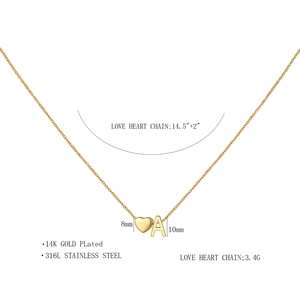 Detail of 14K gold plated necklace with 3D heart and letter A pendant on a white background