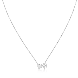 Detailed view of silver heart pendant with letter W on delicate chain necklace