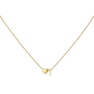 Detailed view of a gold-tone necklace with a 3D heart and letter T charm pendant