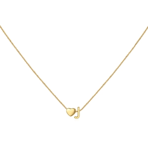 Detail of gold heart pendant and uppercase letter J on a fine cable chain necklace