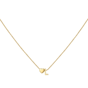 Close-up of gold heart pendant and letter L charm on a delicate cable chain necklace