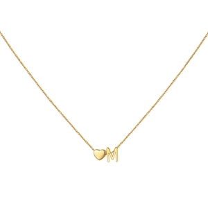 Detailed view of gold necklace with polished 3D heart and letter M pendant