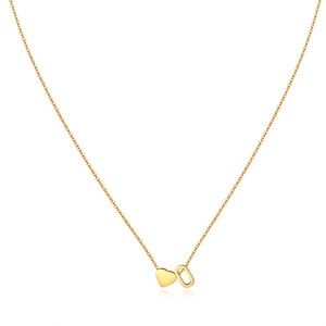 Detailed close-up of golden necklace with minimalist solid heart and oval ring pendants