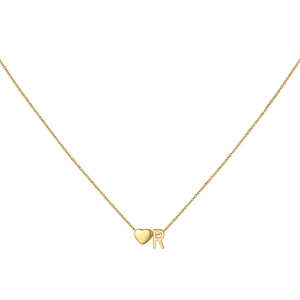 Detail of a gold heart pendant with letter R on a delicate link chain necklace