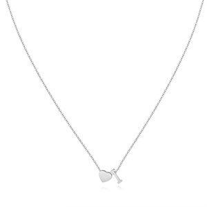 Detail of silver chain necklace with heart pendant and letter I charm on white background