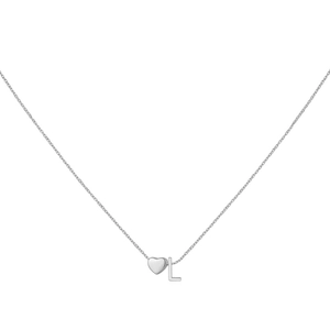 Minimalist silver chain necklace with polished heart pendant and personalized letter L charm