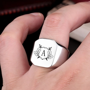 Men Vintage Titanium Steel Signet Ring Retro Heraldic Crest Shield Double Swords Initial Letter A-Z Square Polished Jewelry
