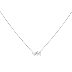 Polished silver necklace with 3D heart pendant and initial M on a white background