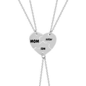 Three-piece stainless steel heart puzzle necklace for Mom, Sister, and Son with polished finish