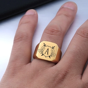 Men's 18K gold plated square signet ring with engraved heraldic shield and letter A
