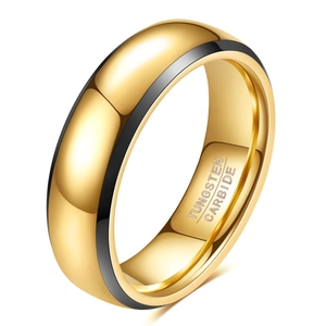 Anillo de carburo de tungsteno de 6-8mm con acabado dorado y franja central negra fina