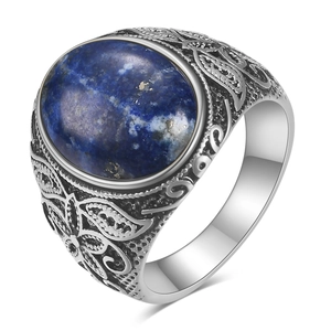 Anello vintage in acciaio inox 22mm con lapislazzuli ovale e incisioni floreali