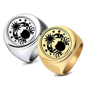 Vintage 304 Edelstahl Krebs Sternzeichen Siegelring Für Herren Laser Graviert Krabbe Sonne Stern Rund Retro Mode Fingerring Schmuck