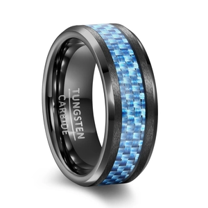 Anello in Carburo di Tungsteno per Uomo Intarsio in Fibra di Carbonio Blu Nero Bordo Lucidato Comfort Fit Band Gioielli di Moda Regalo di Anniversario