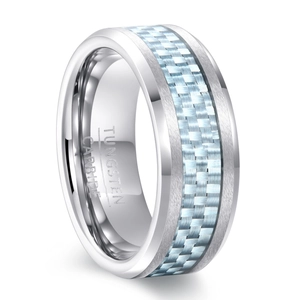Anello in carburo di tungsteno 8mm con intarsio in fibra di carbonio blu spazzolato