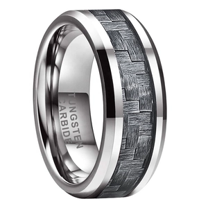 Anello da uomo 8mm in tungsteno con intarsio in fibra di carbonio nera e bordi lucidi