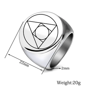 Detailed 22mm geometric stainless steel ring featuring engraved triangle and circle symbols