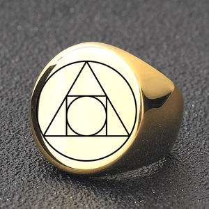 Vintage 22mm gold stainless steel ring with alchemical geometric triangle seal design