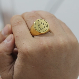 Vintage gold geometric alchemy signet ring in stainless steel for women on finger