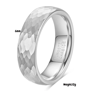 Close-up of 6mm tungsten ring with hammered honeycomb texture and polished inner band