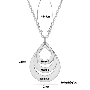 Detailed view of triple-layered teardrop pendant necklace with laser engraving size specs