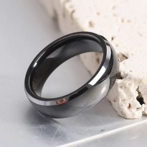Modern 6mm black polished stainless steel ring with elegant silver brushed edge for men