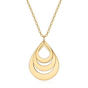 Detailed view of triple-layered teardrop pendant on a gold-plated link chain