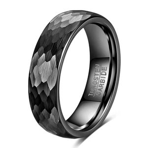 Black 6mm tungsten ring featuring a hammered textured surface and a smooth inner band